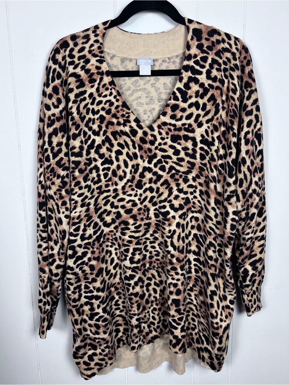 Chico’s Leopard Sweater Tunic V-Neck Long Length Soft Size XL - Picture 2 of 12